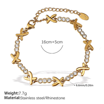 A European and American fashion ins necklace bracelet set light luxury cross-border X-shaped rhinestone stainless steel plated 18K gold bracelet women