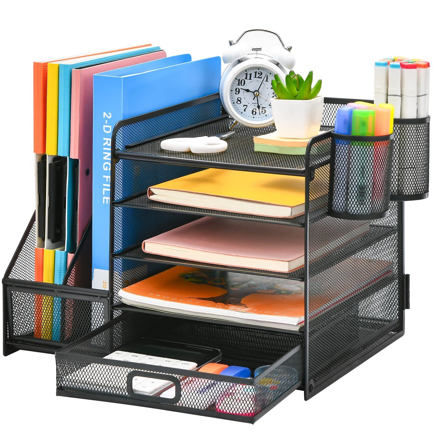 A Five-layer metal mesh rack, document storage rack with two pen holders, file rack, desk desktop rack