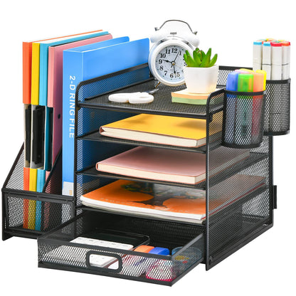 A Five-layer metal mesh rack, document storage rack with two pen holders, file rack, desk desktop rack