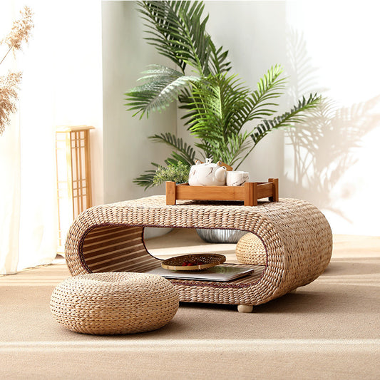 A straw coffee table