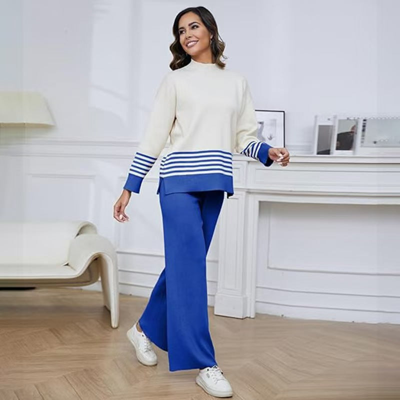 A long-sleeved striped knit two-piece set