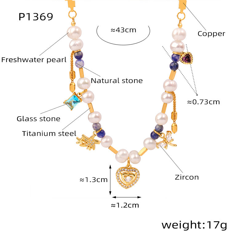 A ins European and American light luxury commuter necklace women's geometric love inlaid zircon pendant ins freshwater pearl natural stone collarbone