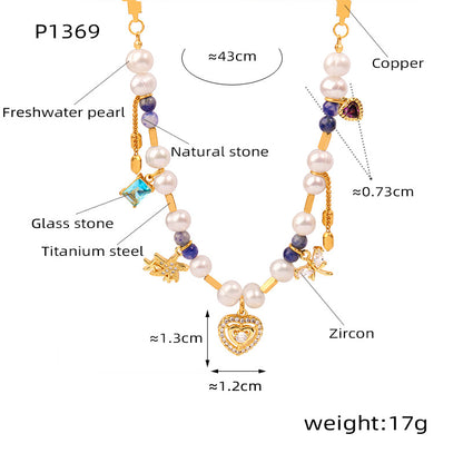A ins European and American light luxury commuter necklace women's geometric love inlaid zircon pendant ins freshwater pearl natural stone collarbone