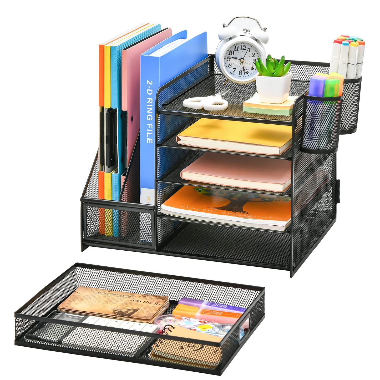 A Five-layer metal mesh rack, document storage rack with two pen holders, file rack, desk desktop rack