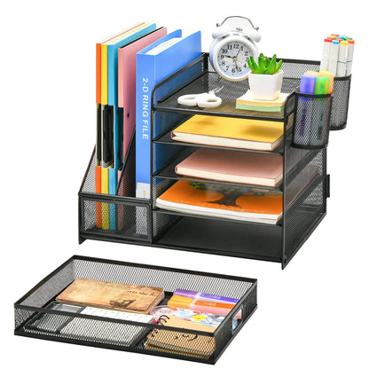 A Five-layer metal mesh rack, document storage rack with two pen holders, file rack, desk desktop rack