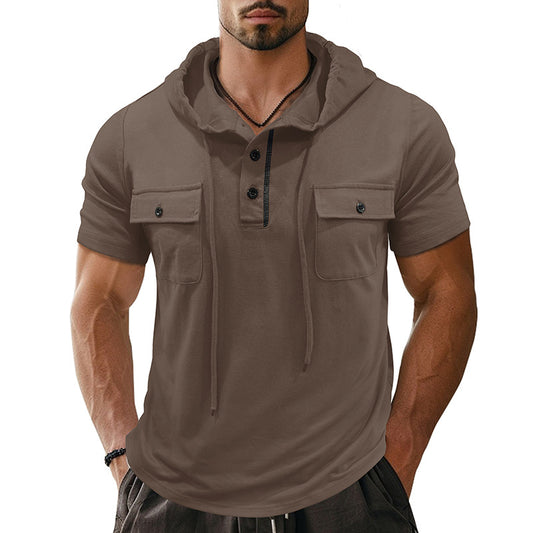 A Men's Outdoor Double Pocket Hat Cord Short Sleeve Henry Undershirt Cross-Border Casual Small Sweater Hooded Top T-Shirt