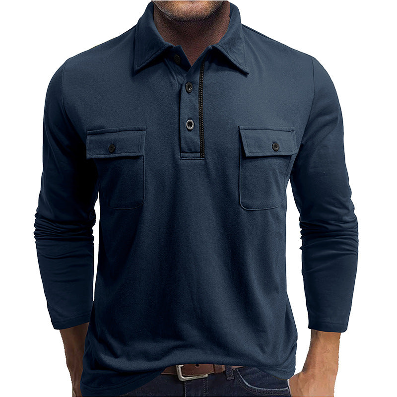 A Men's long-sleeved pocket lapel autumn and winter POLO shirt foreign trade European and American outdoor casual polo suit men's cotton top
