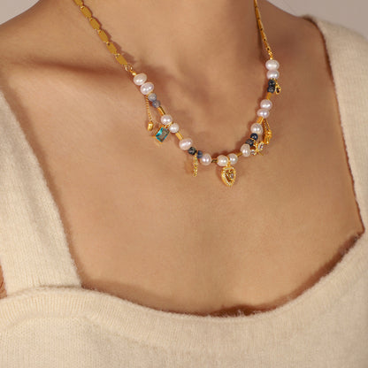 A ins European and American light luxury commuter necklace women's geometric love inlaid zircon pendant ins freshwater pearl natural stone collarbone