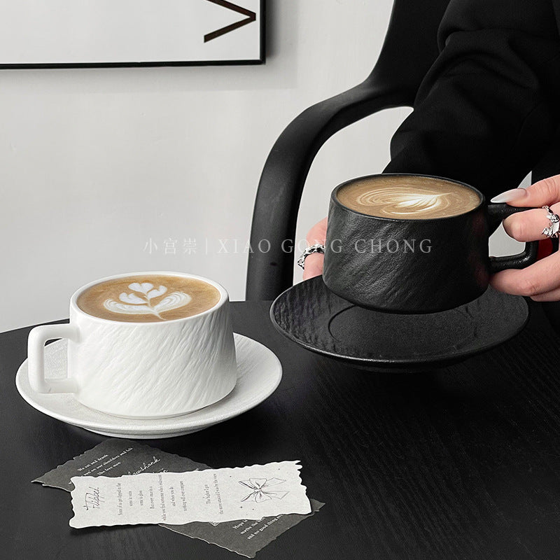 A retro stone coffee cup, premium sense, simple ceramic cup, exquisite latte latte flower cup, cappuccino mocha cup saucer