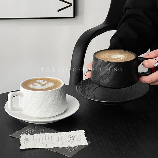 A retro stone coffee cup, premium sense, simple ceramic cup, exquisite latte latte flower cup, cappuccino mocha cup saucer