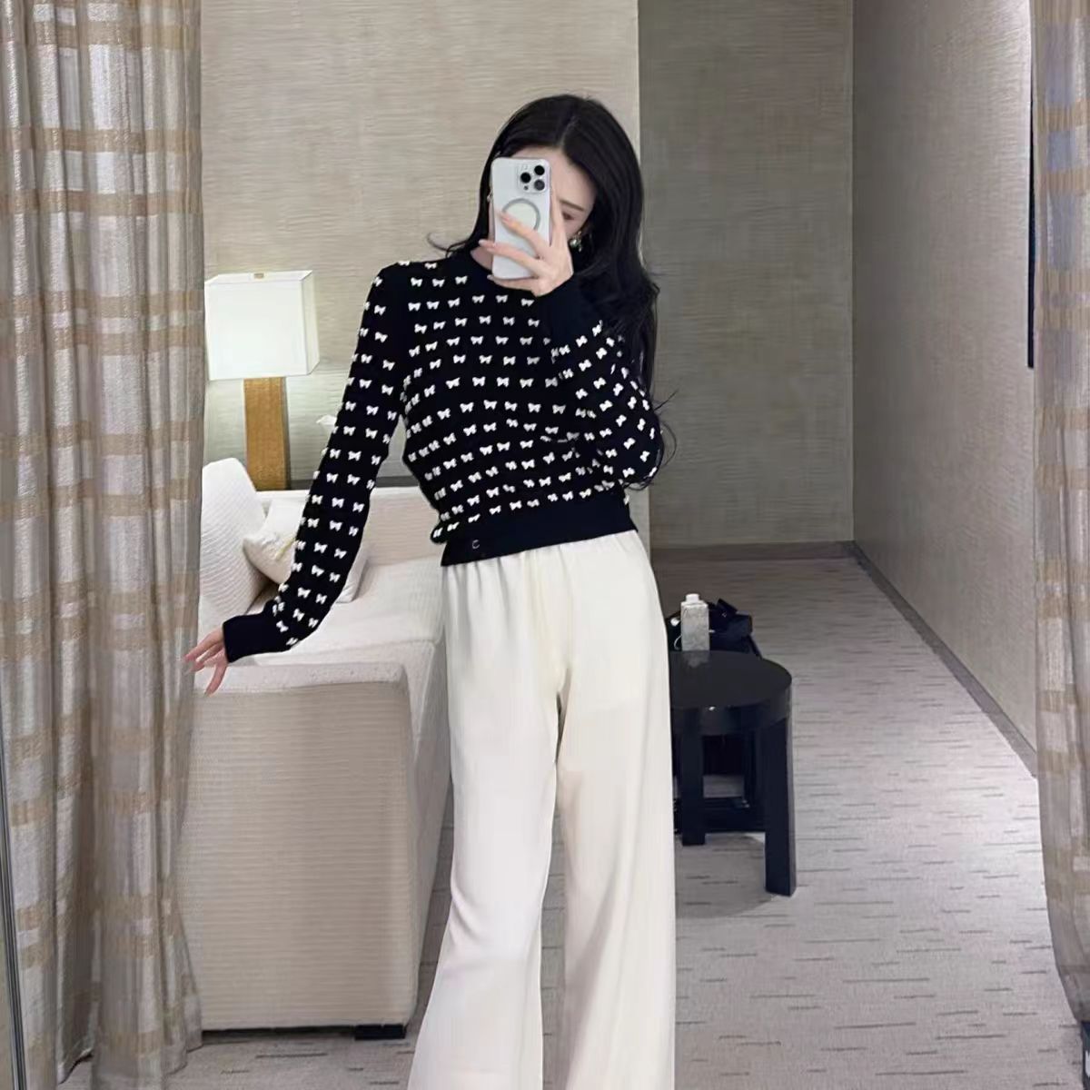 A long-sleeved knit top