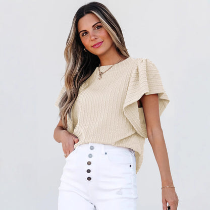 European and American cross-border Amazon independent station TK2025 summer new products women's double-layer ruffle edge short-sleeved crew neck T-shirt