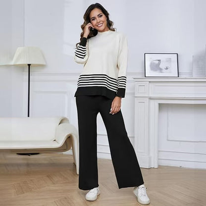 A long-sleeved striped knit two-piece set