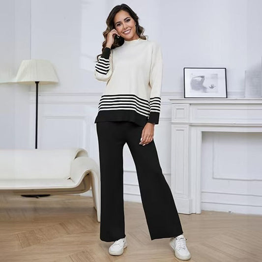 A long-sleeved striped knit two-piece set