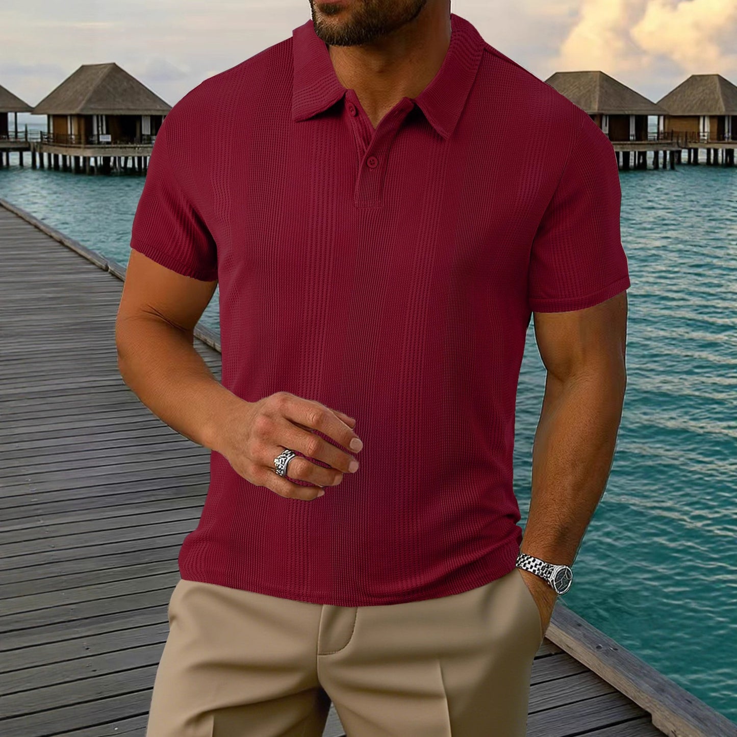 A summer new European and American cross-border men's short-sleeved jacquard polo shirt Amazon men's lapel texture t-shirt top