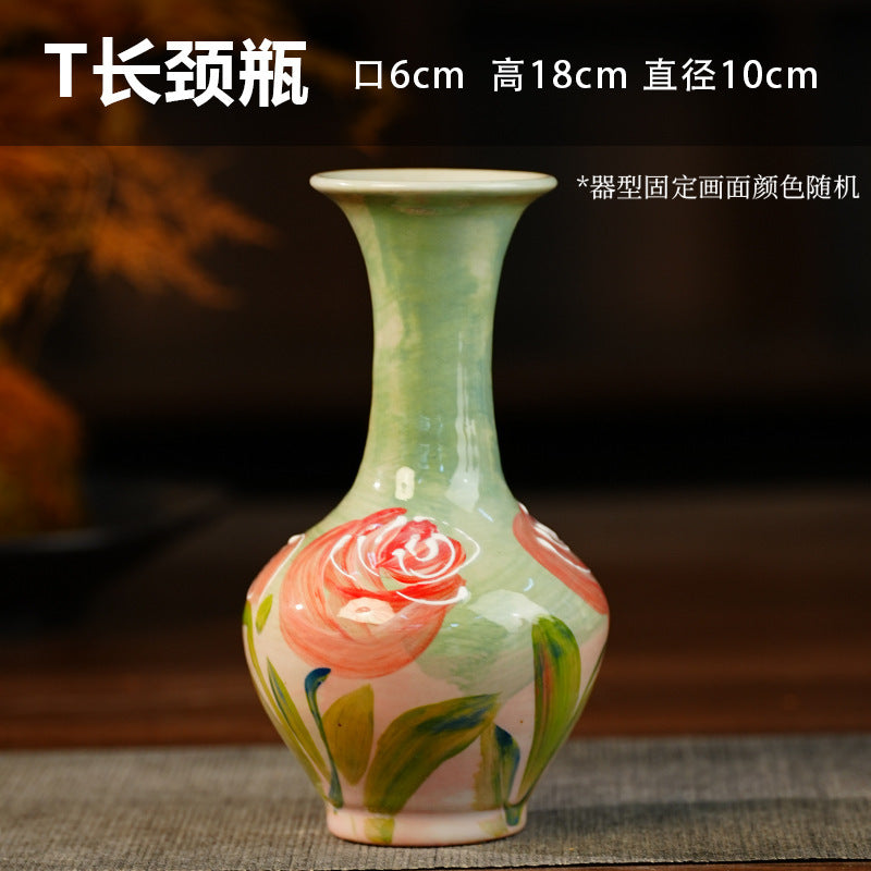 A Jingdezhen handmade oil painting vase dried flower home decoration TV cabinet ornament wine cabinet TV cabinet ceramic flower device