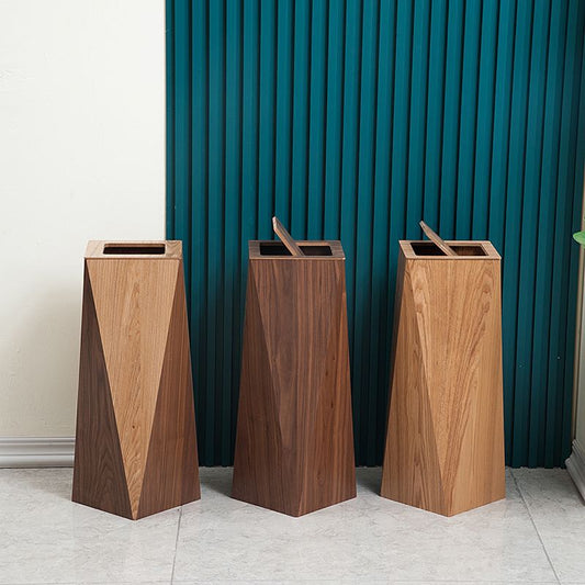 A wooden trash can