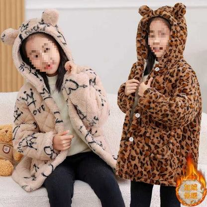A extra thick girls princess wind leopard print warm winter blouse jacket fashion cotton-padded jacket velvet cotton-padded jacket