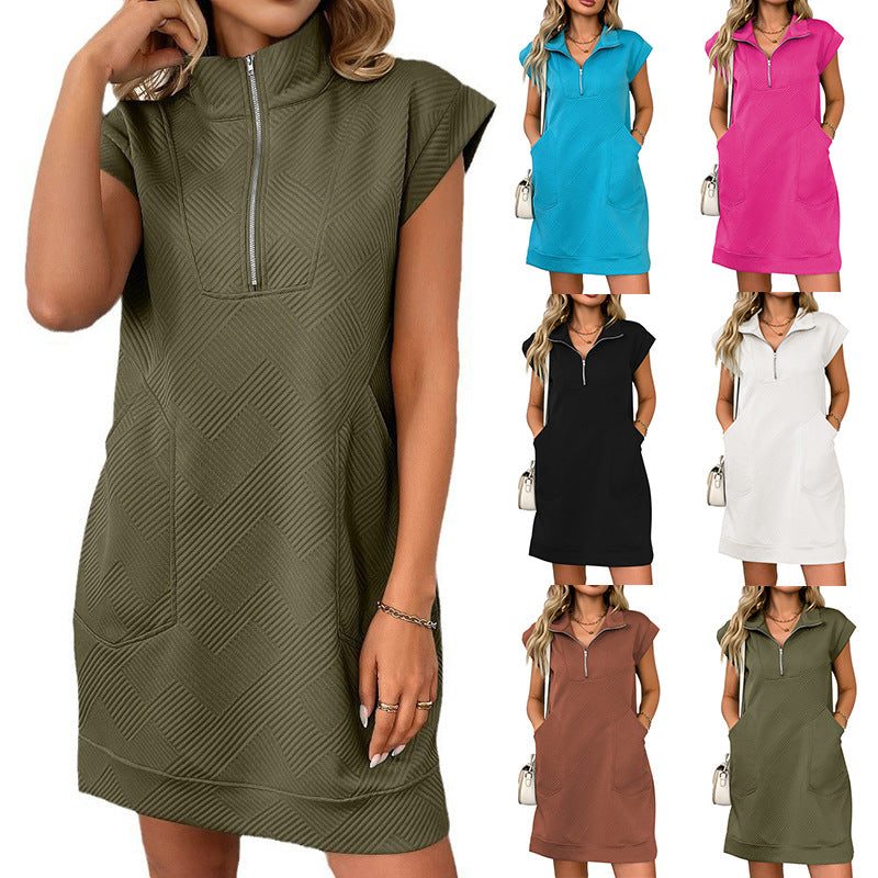 Europe, America, cross-border Amazon independent station 2025 summer new lapel zipper pocket loose straight dress - Mixbatch