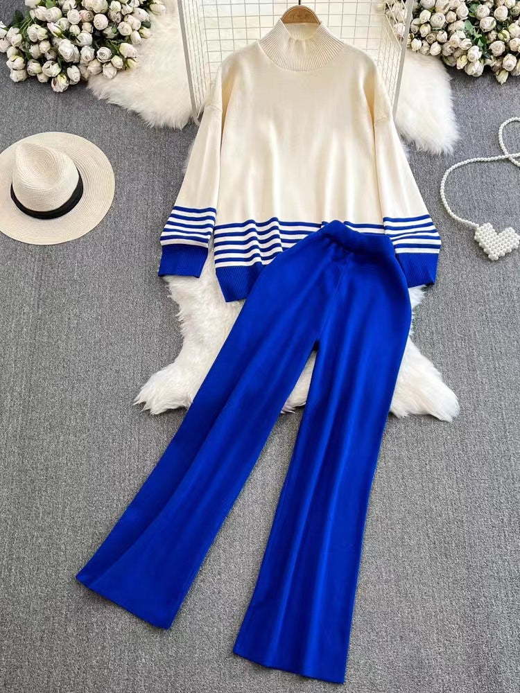 A long-sleeved striped knit two-piece set