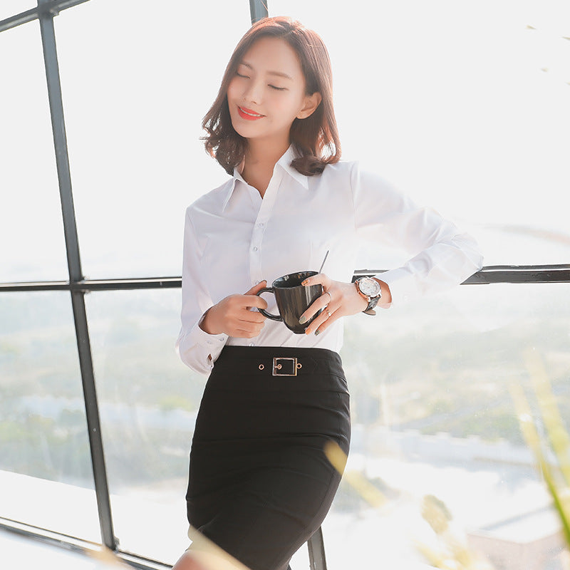 A new women's long-sleeved white shirt OL slim-fitting professional wear, interview overalls cotton V-neck shirt dress collar - Mixbatch