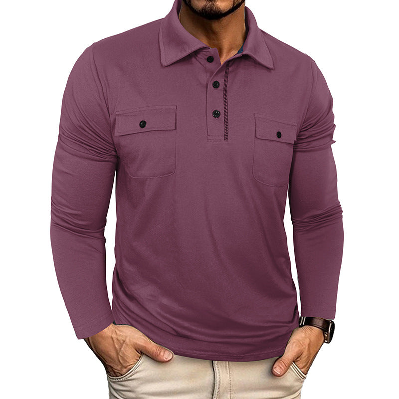 A Men's long-sleeved pocket lapel autumn and winter POLO shirt foreign trade European and American outdoor casual polo suit men's cotton top