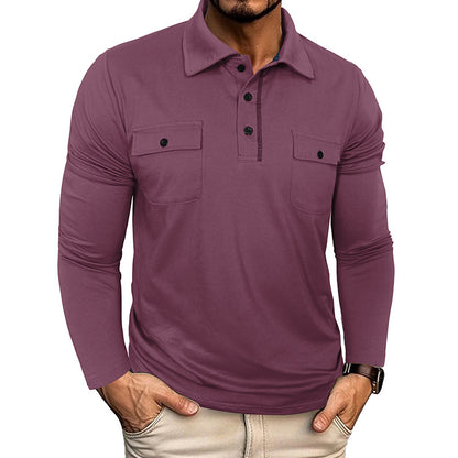 A Men's long-sleeved pocket lapel autumn and winter POLO shirt foreign trade European and American outdoor casual polo suit men's cotton top