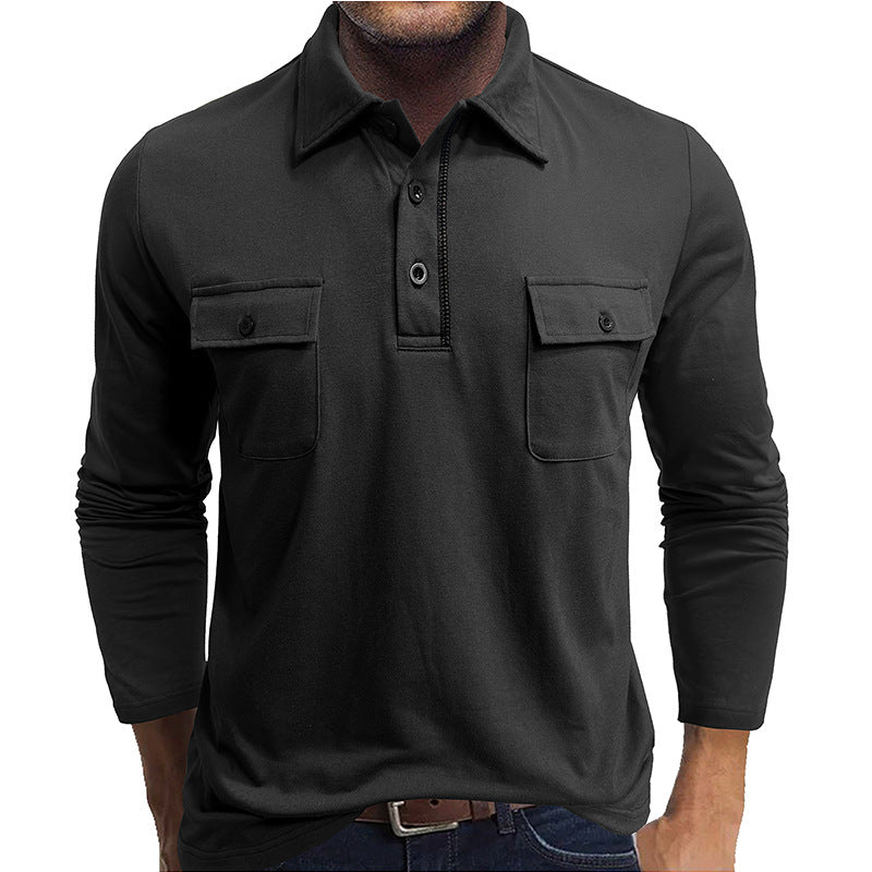 A Men's long-sleeved pocket lapel autumn and winter POLO shirt foreign trade European and American outdoor casual polo suit men's cotton top