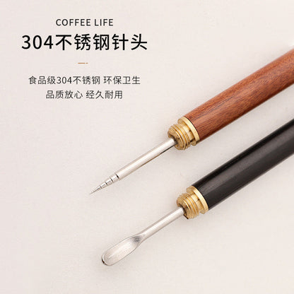 A Italian coffee fancy, coffee latte needle, pear wooden handle hook 304 stainless steel engraved stick coffee utensils