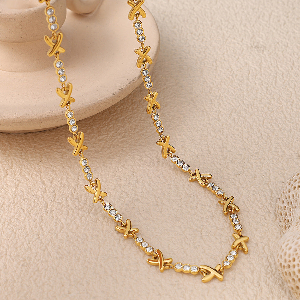 A European and American fashion ins necklace bracelet set light luxury cross-border X-shaped rhinestone stainless steel plated 18K gold bracelet women