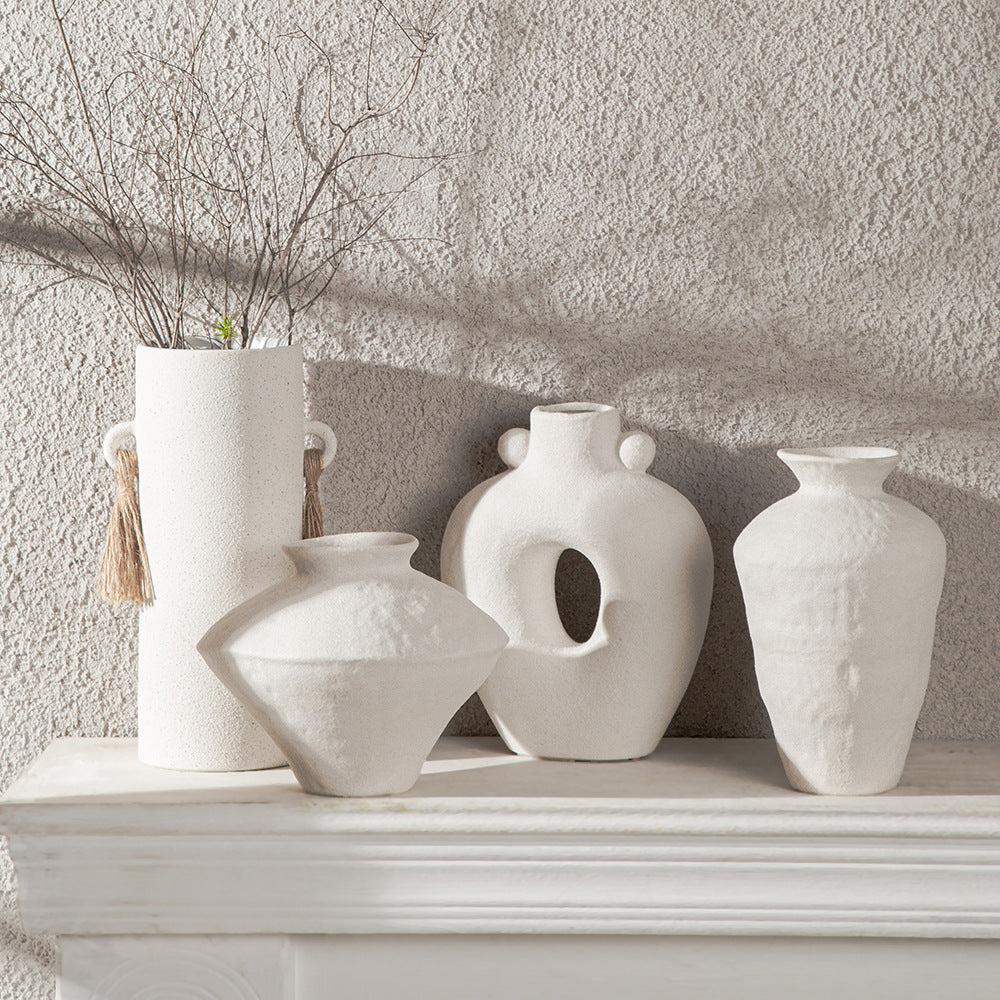 Nordic ceramic vase flower arrangement, high-end ornament, white Zen wabi-sabi art decoration, dry vase.