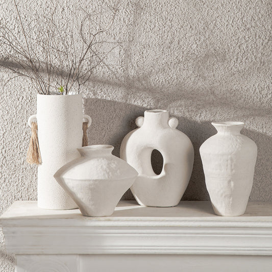 Nordic ceramic vase flower arrangement, high-end ornament, white Zen wabi-sabi art decoration, dry vase.