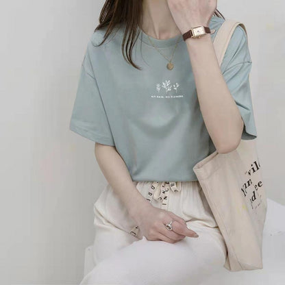 A Short Sleeve Korean Version Crew Neck T-Shirt Women's Summer Loose Plant Print Casual - Mixbatch