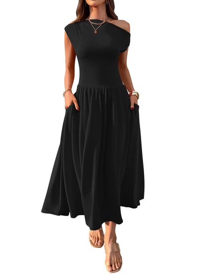 Cross-border Europe, America, Amazon Independent Station 2025 summer slanted shoulder sexy waist solid color long dress with pocket