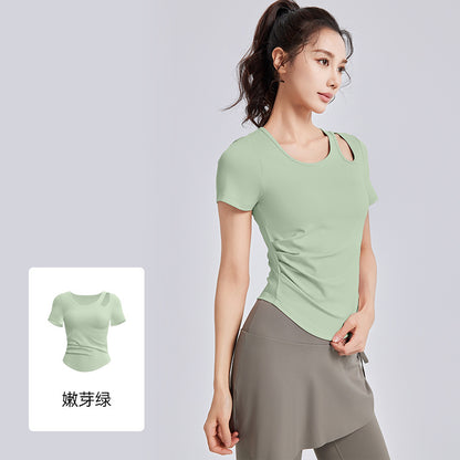 A Skinny and wrinkled yoga clothes women's one cup with chest pad sports fitness top short sleeve summer