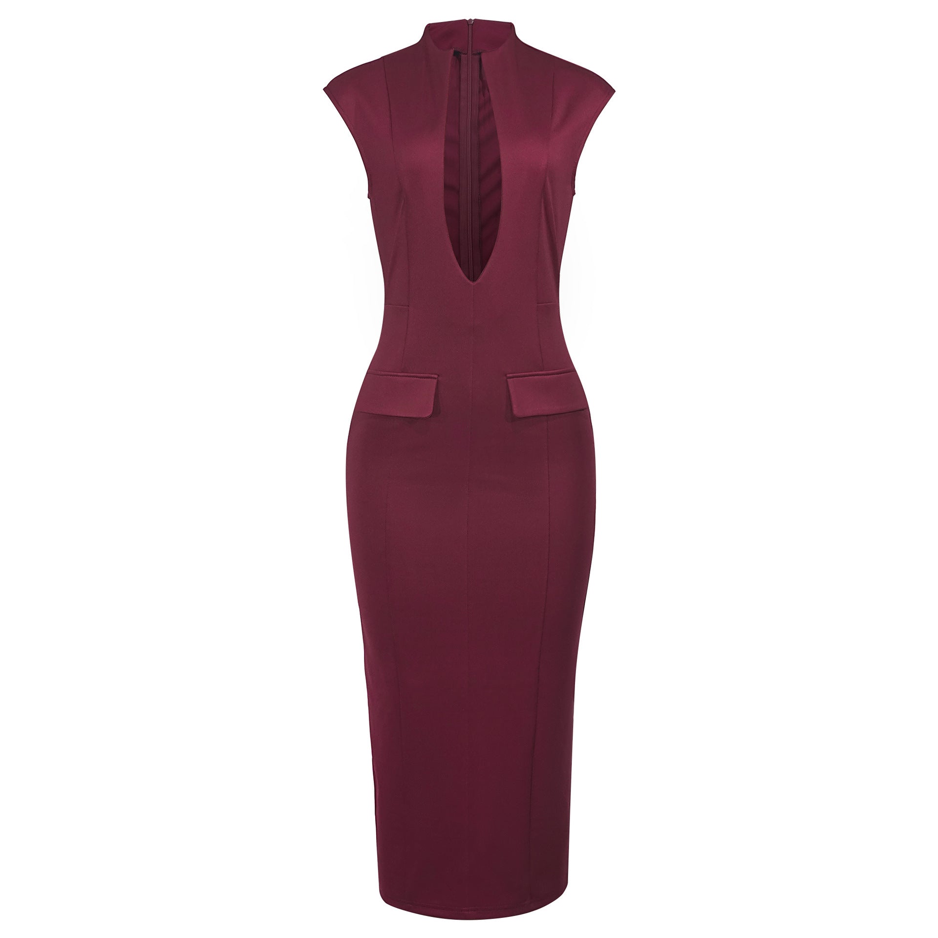 A705DS European and American cross-border 2025 spring new deep V pocket sexy solid color hip-wrapped slim dress women's - Mixbatch