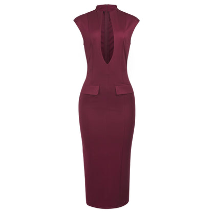A705DS European and American cross-border 2025 spring new deep V pocket sexy solid color hip-wrapped slim dress women's - Mixbatch