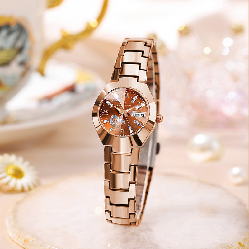 A Korean version of fashion trend women's watch double calendar diamond-encrusted waterproof luminous