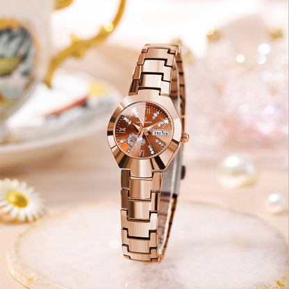A Korean version of fashion trend women's watch double calendar diamond-encrusted waterproof luminous