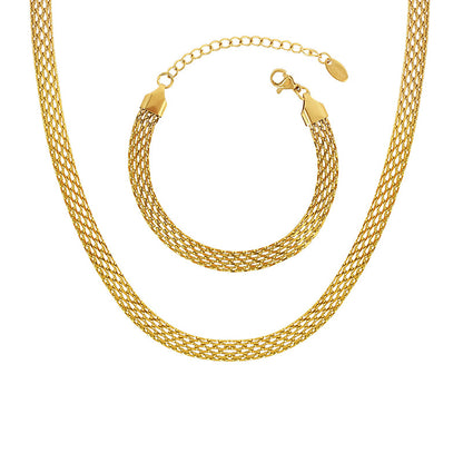 A European and American simple hollow wide necklace bracelet set ins trendy mesh clavicle chain titanium steel color retention advanced versatile