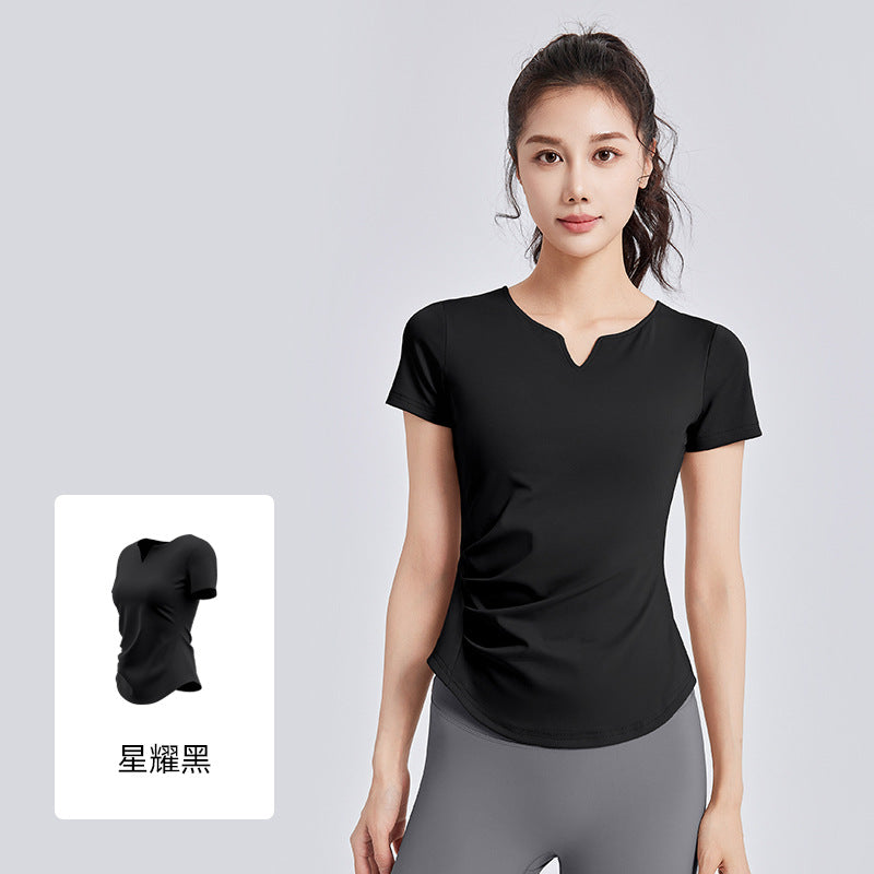 A new v-neck pleated yoga suit short-sleeved women's shock-proof fixed cup slimming sports fitness top