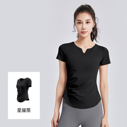 A new v-neck pleated yoga suit short-sleeved women's shock-proof fixed cup slimming sports fitness top