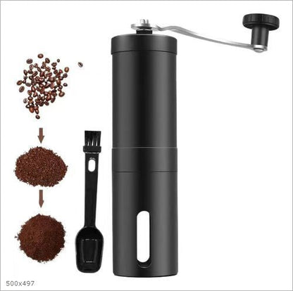 A stainless steel hand coffee grinder