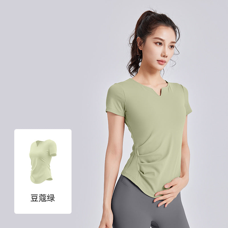 A new v-neck pleated yoga suit short-sleeved women's shock-proof fixed cup slimming sports fitness top