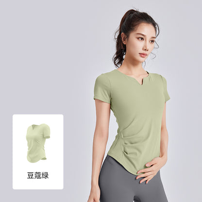A new v-neck pleated yoga suit short-sleeved women's shock-proof fixed cup slimming sports fitness top