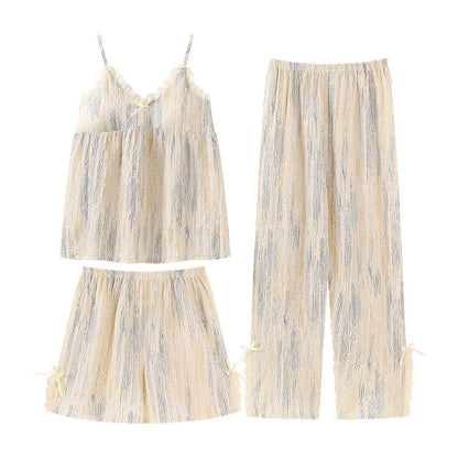 A pajamas women's summer suspenders shorts trousers three-piece set bubble cotton loungewear - Mixbatch