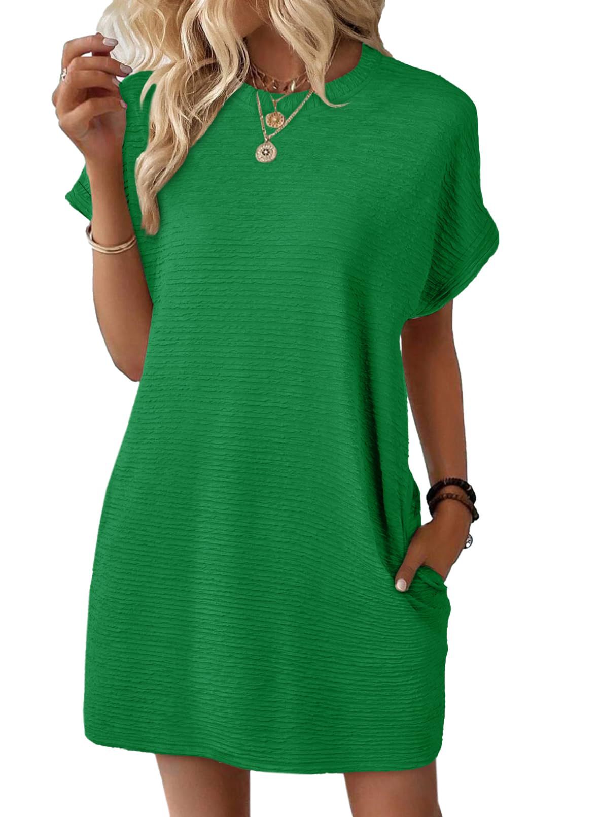 Europe, America, cross-border Amazon independent station 2025 summer new product loose round neck pocket solid color short-sleeved dress women