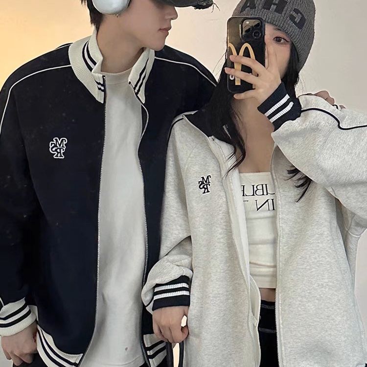 P American stand-up collar embroidered loose baseball jersey men's and women's early autumn jacket loose casual college style couple jacket