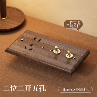 P  Black walnut brass lever power socket panel