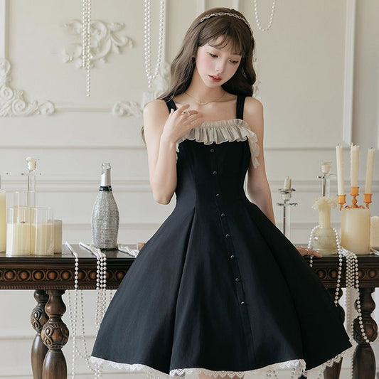 P Autumn and winter court style lady elegant cut waist light Lolita small black dress cardigan suit
